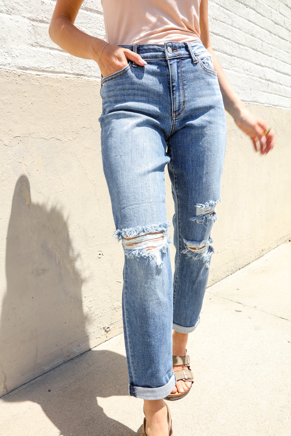 Judy Blue High-Rise Boyfriend Cuffed Hem Distressed Jeans-Modish Lily, Tecumseh Michigan