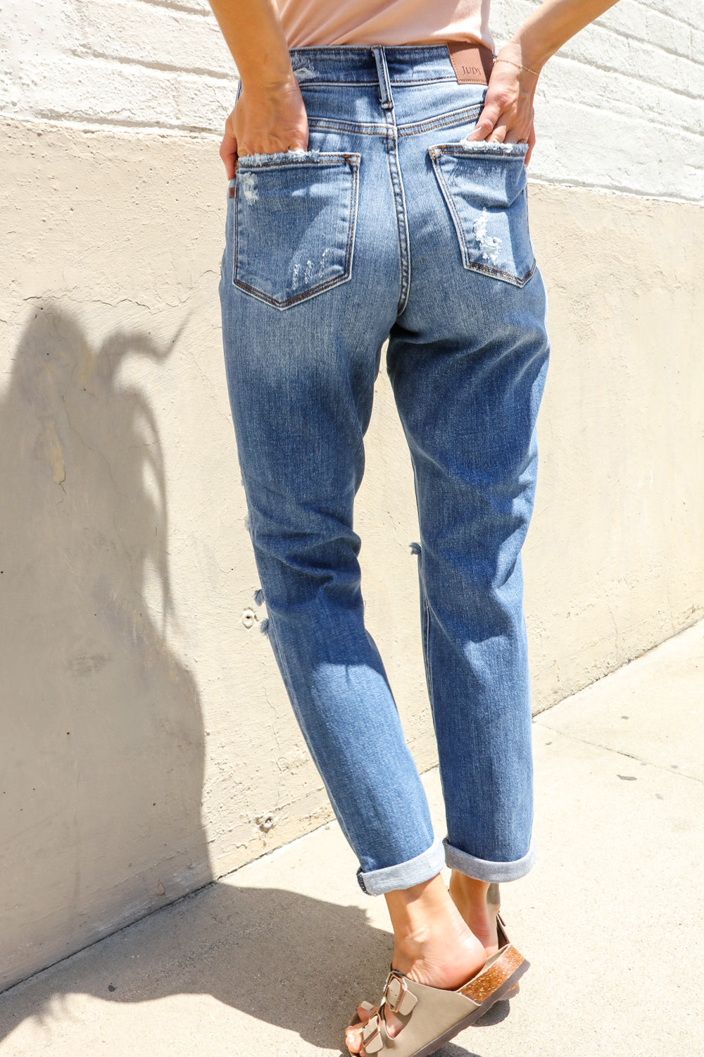 Judy Blue High-Rise Boyfriend Cuffed Hem Distressed Jeans-Modish Lily, Tecumseh Michigan