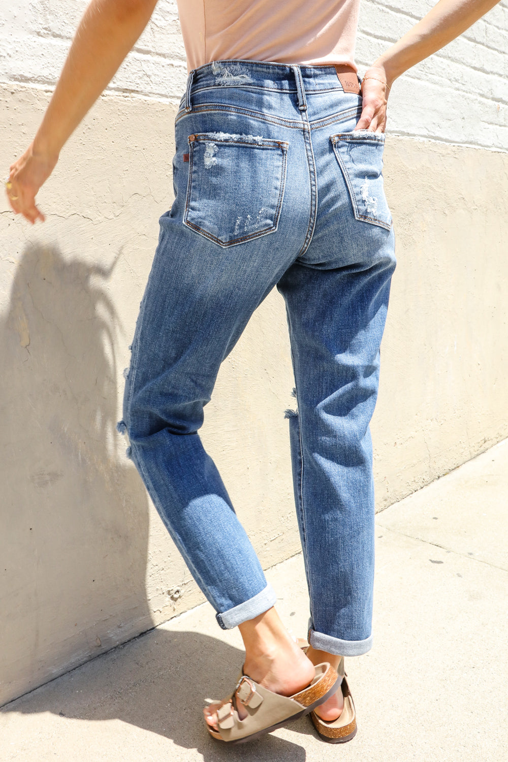 Judy Blue High-Rise Boyfriend Cuffed Hem Distressed Jeans-Modish Lily, Tecumseh Michigan