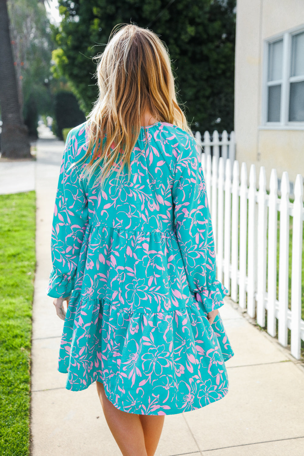 Boho Romance Mint Floral Print Front Ribbon Bow Tiered Dress-Modish Lily, Tecumseh Michigan