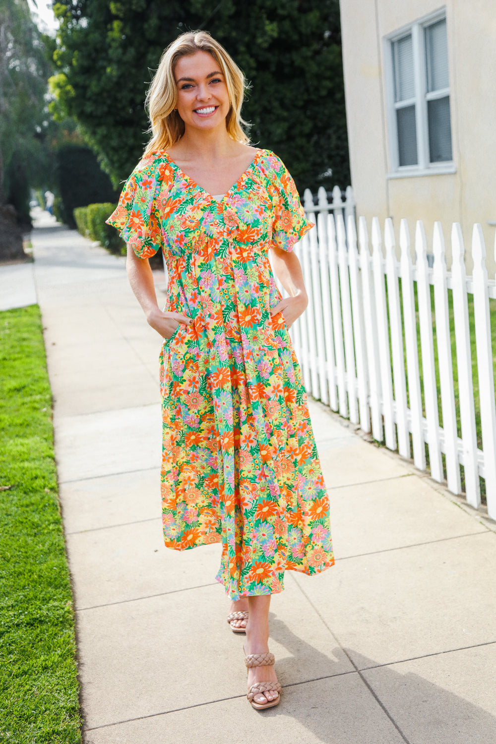 Hello Beautiful Sage Elastic V Neck Tiered Daisy Floral Maxi Dress-Modish Lily, Tecumseh Michigan