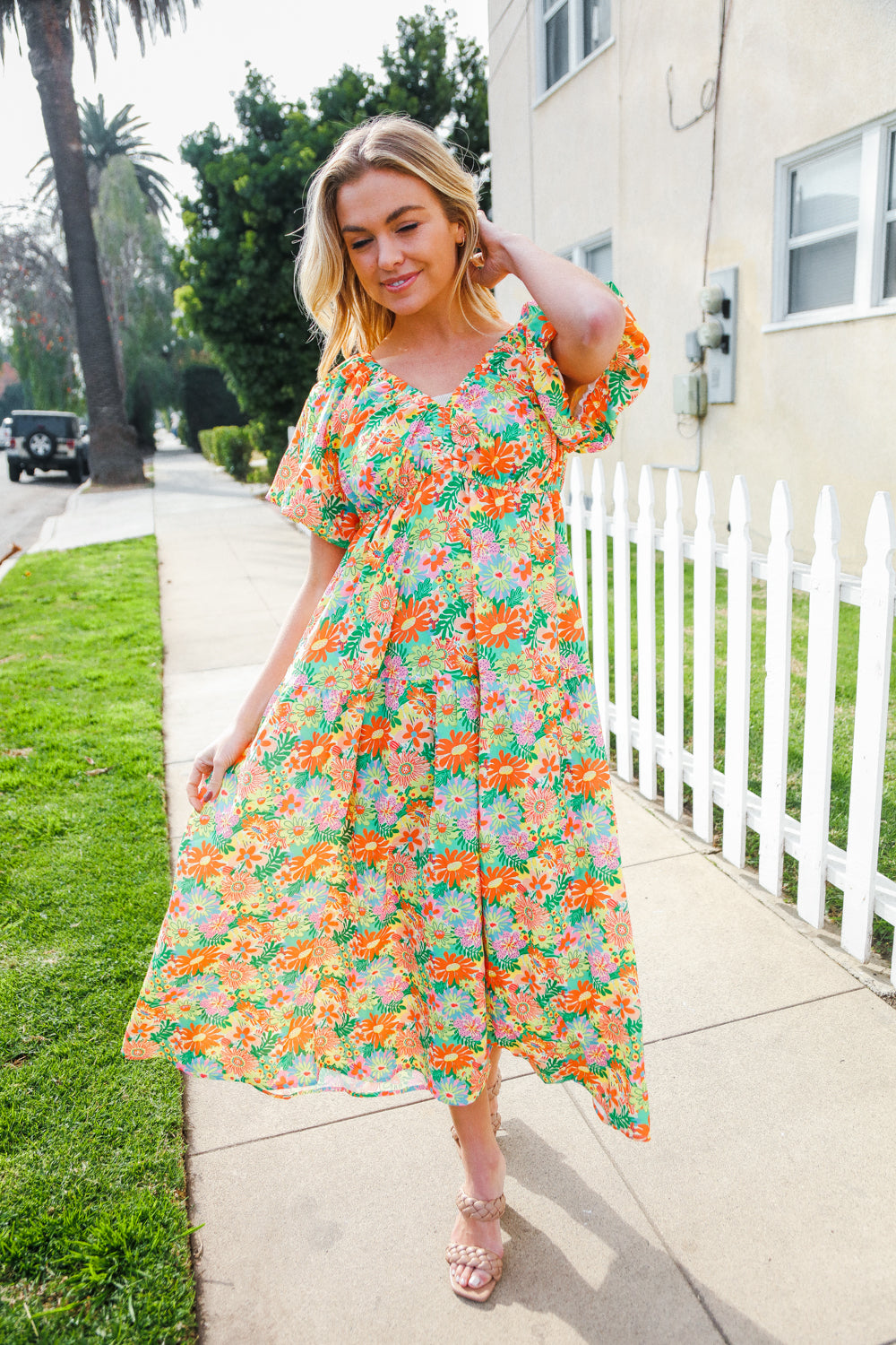 Hello Beautiful Sage Elastic V Neck Tiered Daisy Floral Maxi Dress-Modish Lily, Tecumseh Michigan