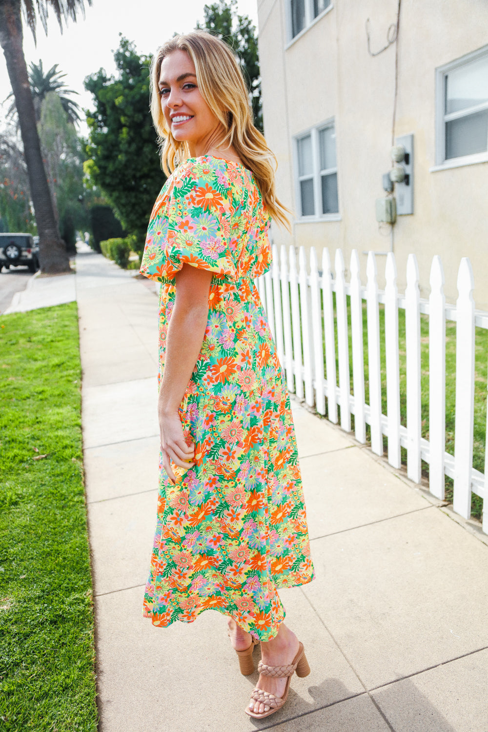 Hello Beautiful Sage Elastic V Neck Tiered Daisy Floral Maxi Dress-Modish Lily, Tecumseh Michigan