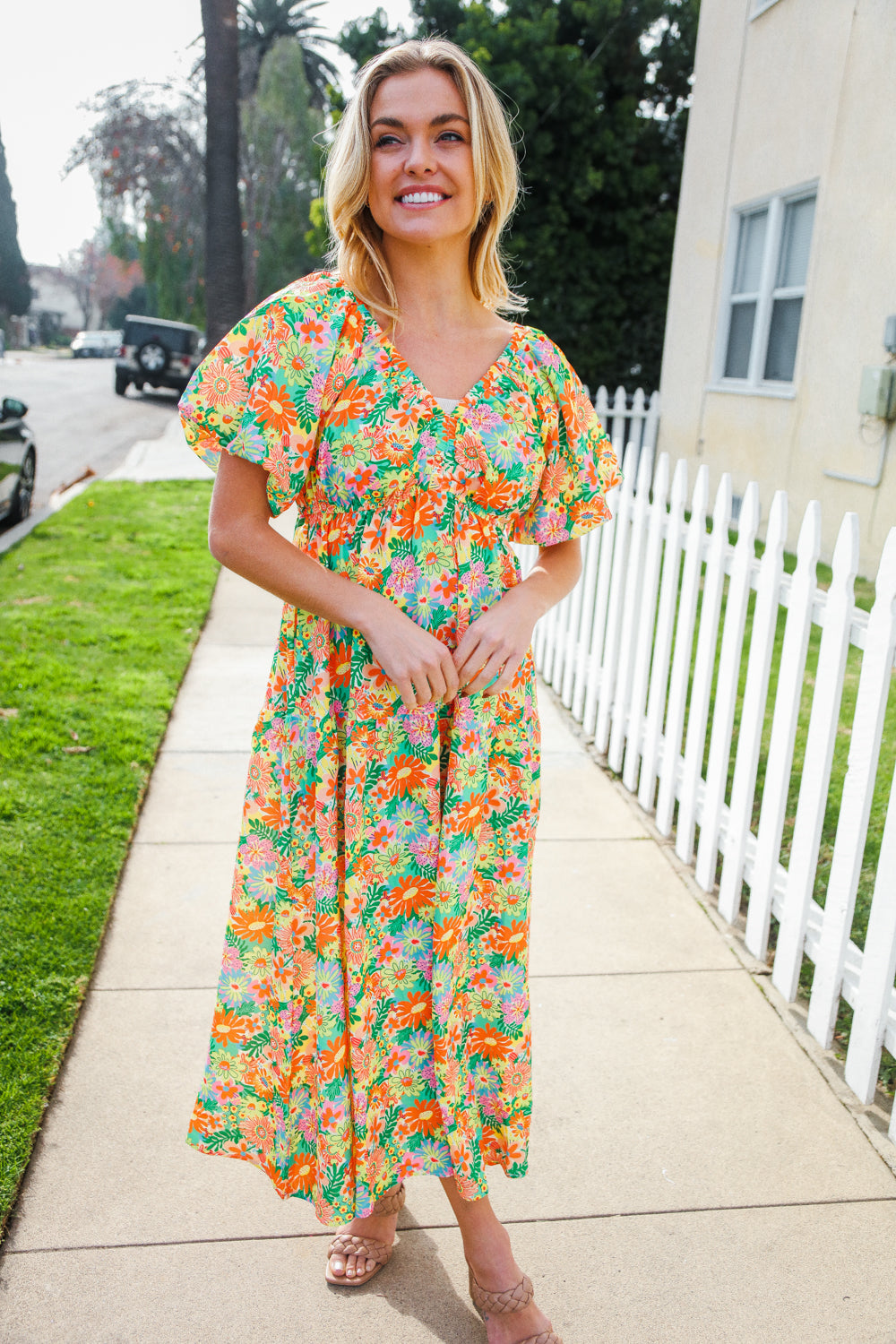 Hello Beautiful Sage Elastic V Neck Tiered Daisy Floral Maxi Dress-Modish Lily, Tecumseh Michigan