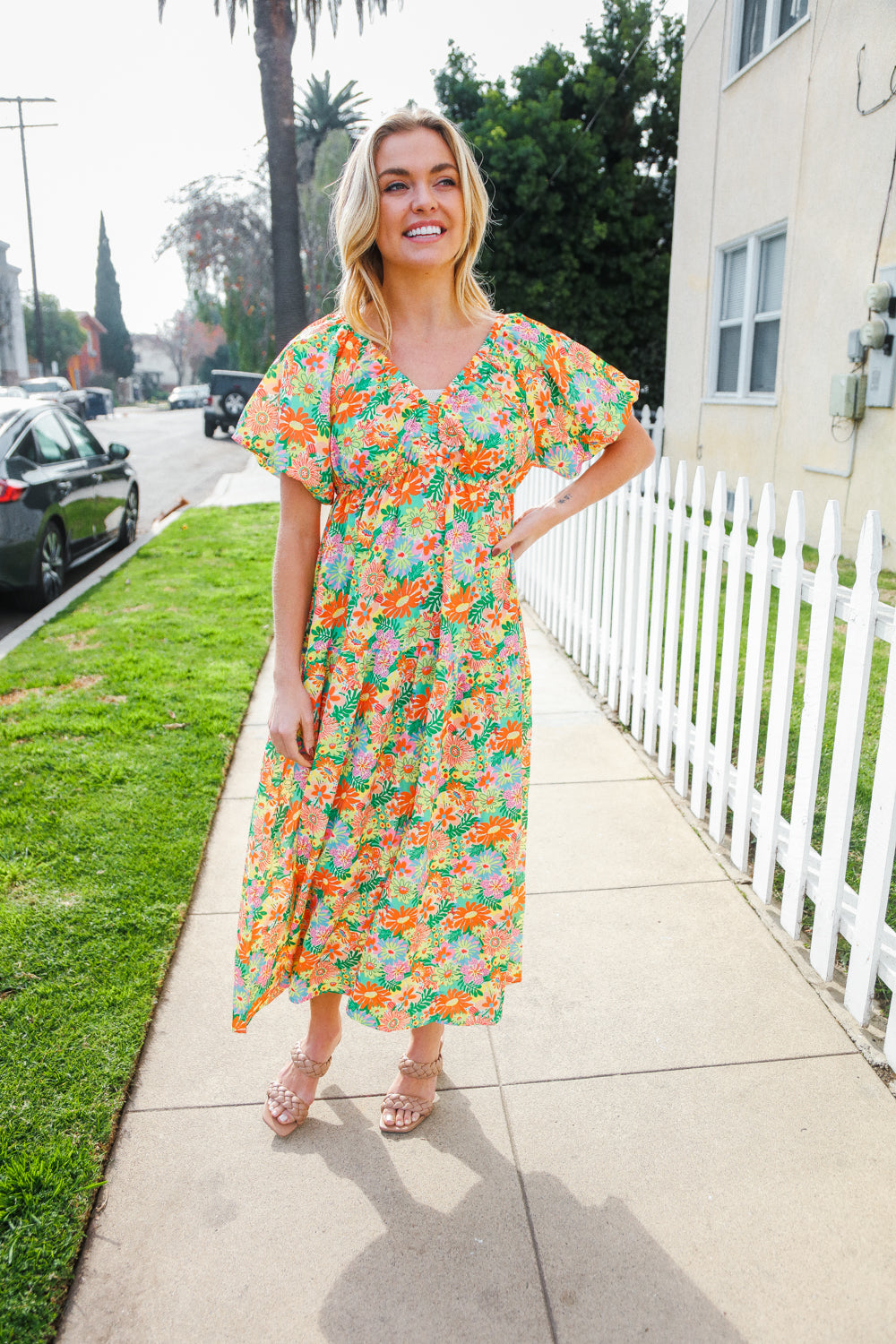 Hello Beautiful Sage Elastic V Neck Tiered Daisy Floral Maxi Dress-Modish Lily, Tecumseh Michigan