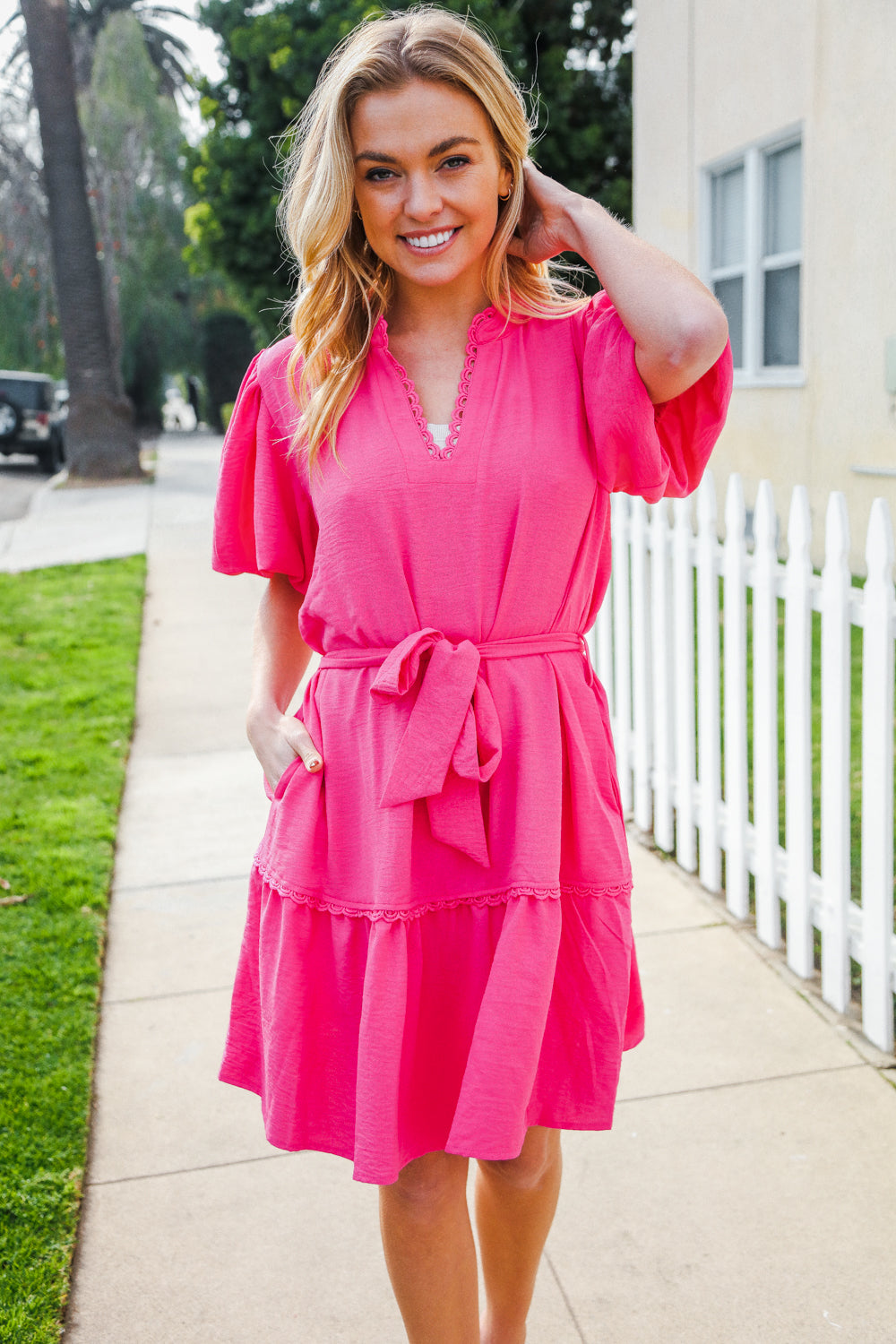 Star Struck Fuchsia Notched Neck Balloon Sleeve Sash Belt Mini Dress-Modish Lily, Tecumseh Michigan