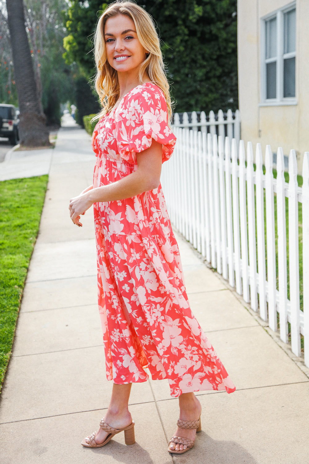 Hello Beautiful Coral Elastic V Neck Tiered Big Floral Maxi Dress-Modish Lily, Tecumseh Michigan