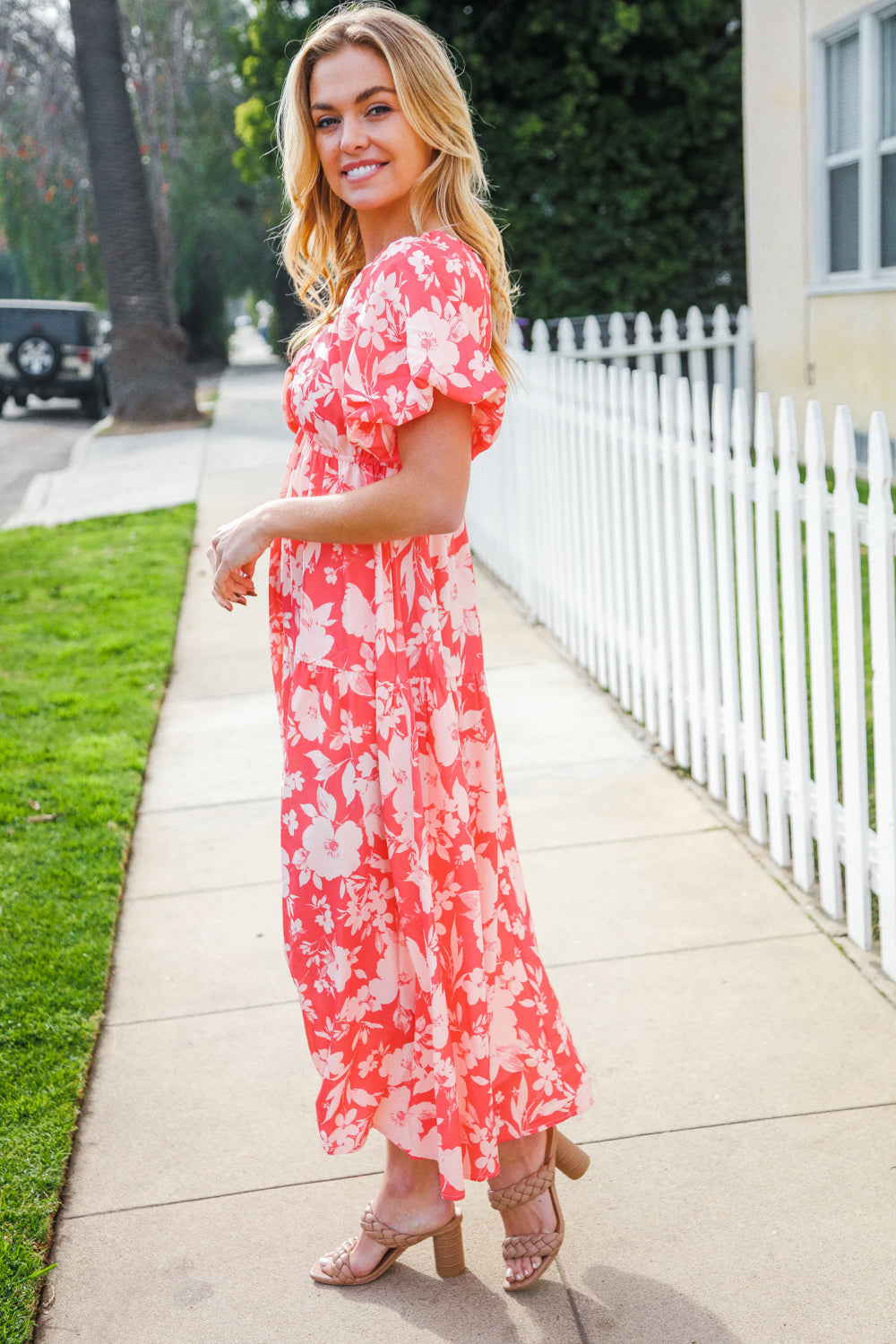 Hello Beautiful Coral Elastic V Neck Tiered Big Floral Maxi Dress-Modish Lily, Tecumseh Michigan