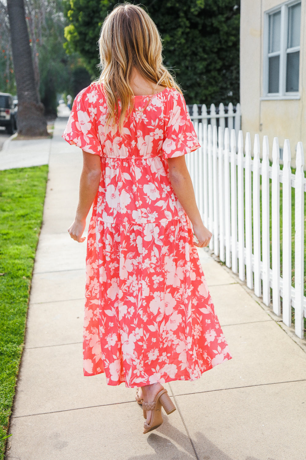 Hello Beautiful Coral Elastic V Neck Tiered Big Floral Maxi Dress-Modish Lily, Tecumseh Michigan