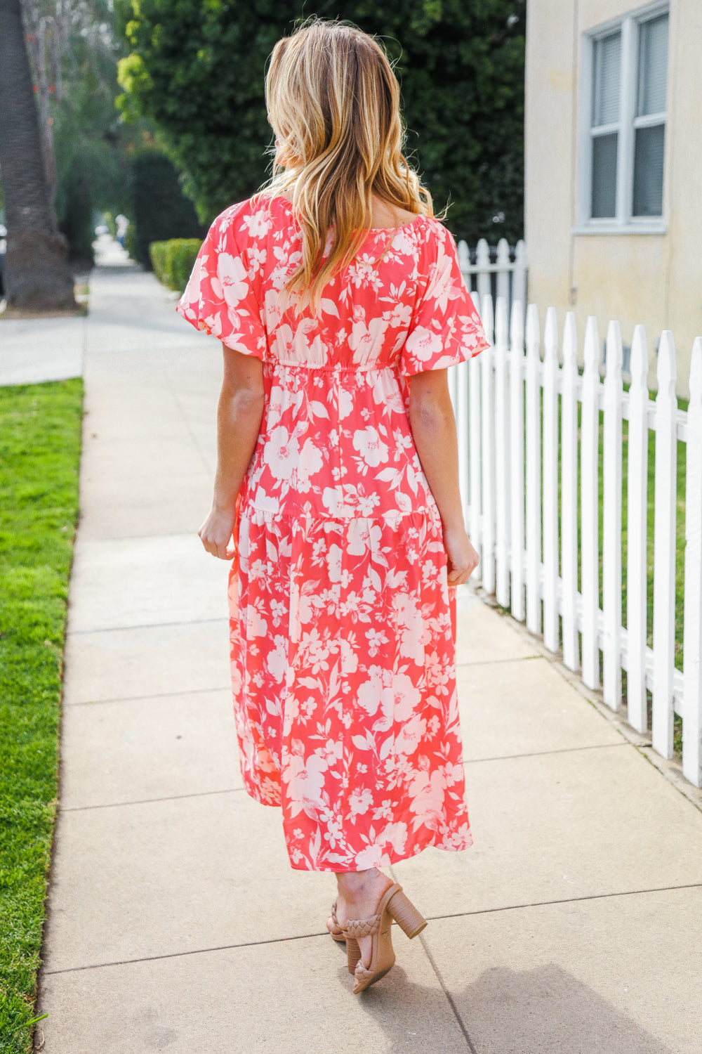 Hello Beautiful Coral Elastic V Neck Tiered Big Floral Maxi Dress-Modish Lily, Tecumseh Michigan