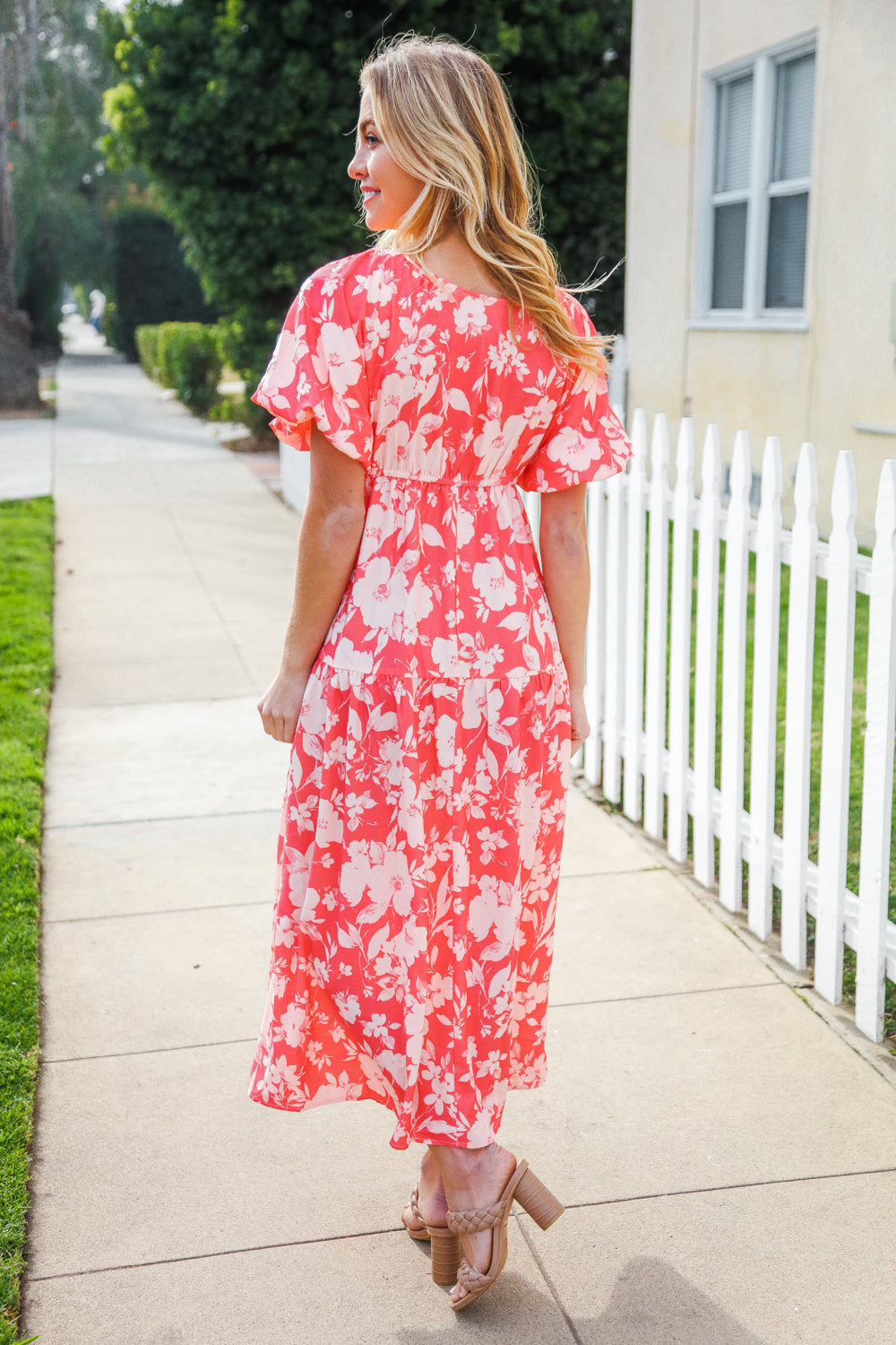 Hello Beautiful Coral Elastic V Neck Tiered Big Floral Maxi Dress-Modish Lily, Tecumseh Michigan