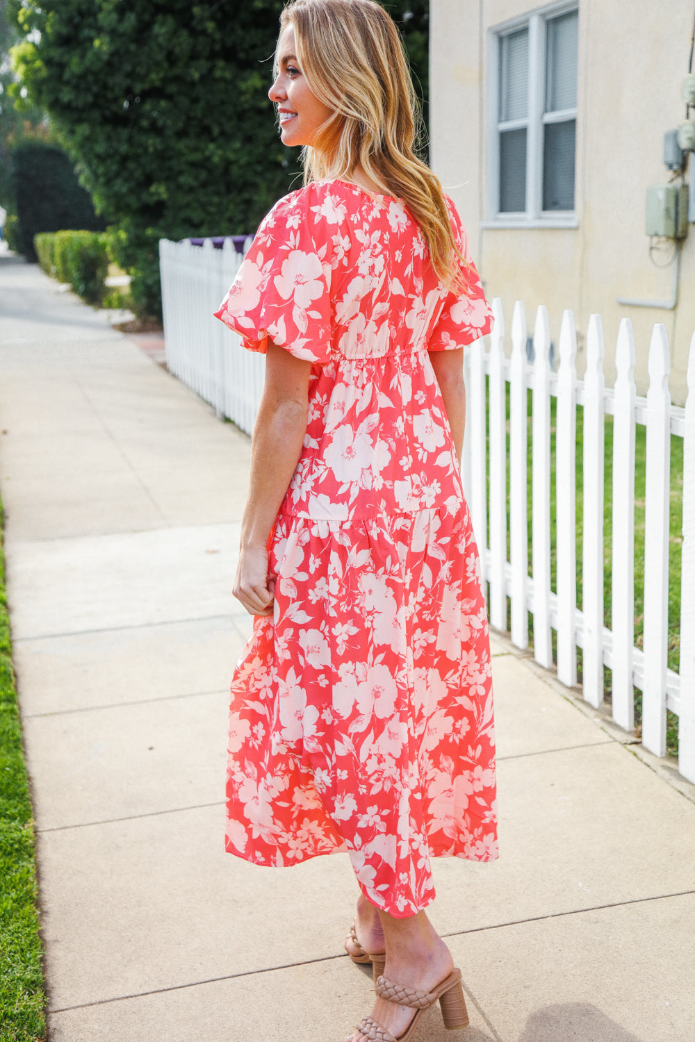 Hello Beautiful Coral Elastic V Neck Tiered Big Floral Maxi Dress-Modish Lily, Tecumseh Michigan