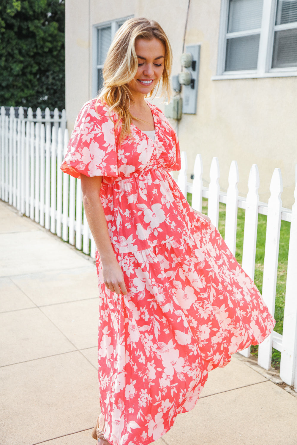 Hello Beautiful Coral Elastic V Neck Tiered Big Floral Maxi Dress-Modish Lily, Tecumseh Michigan