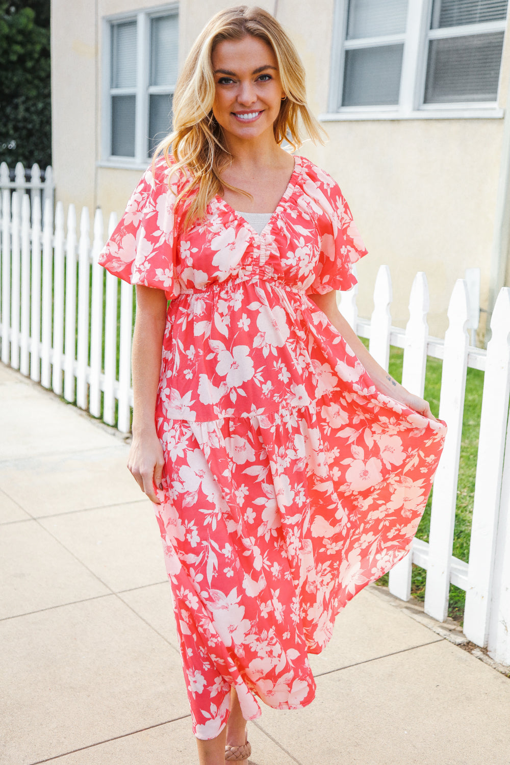 Hello Beautiful Coral Elastic V Neck Tiered Big Floral Maxi Dress-Modish Lily, Tecumseh Michigan