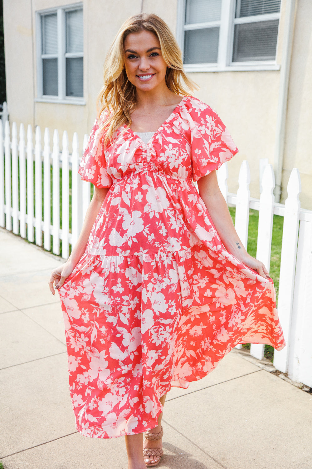 Hello Beautiful Coral Elastic V Neck Tiered Big Floral Maxi Dress-Modish Lily, Tecumseh Michigan