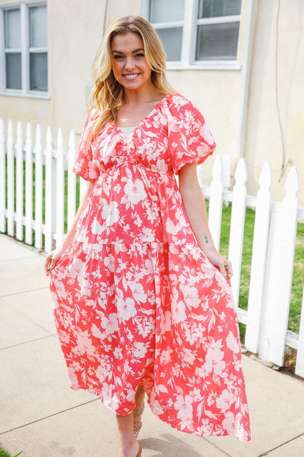 Hello Beautiful Coral Elastic V Neck Tiered Big Floral Maxi Dress-Modish Lily, Tecumseh Michigan