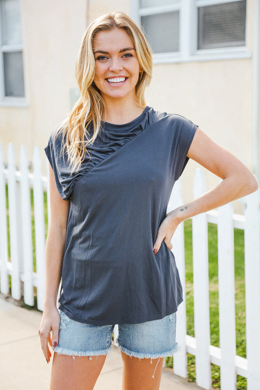 Charming In Charcoal Asymmetrical Shirred Modal Top-07-01-25 Summer Sale-Modish Lily, Tecumseh Michigan
