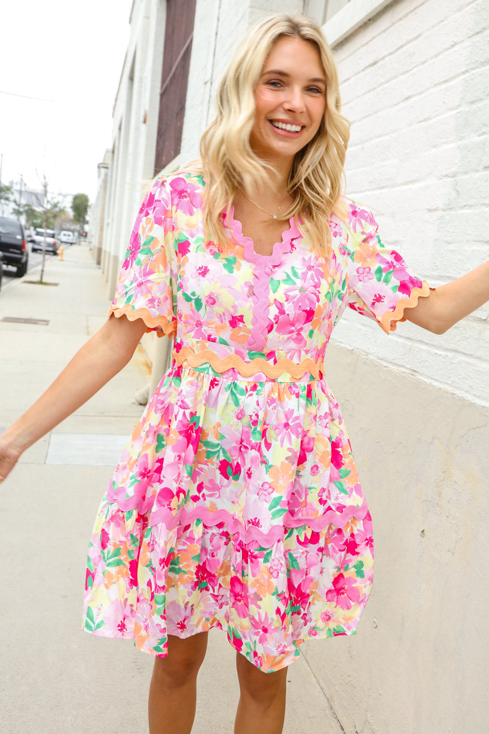 Beautiful You Rose Floral Print Ric Rack Trim Babydoll Dress-Modish Lily, Tecumseh Michigan