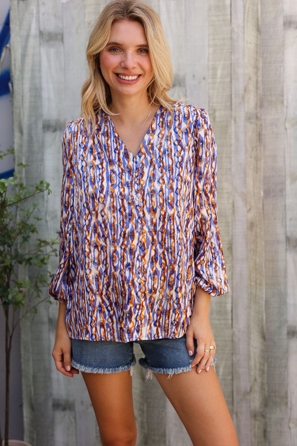 On A Wild Streak V Neck Fabric Button Detail Blouse-Modish Lily, Tecumseh Michigan