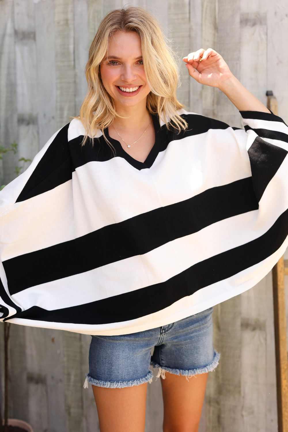 The Traveler Black/White Stripe Dolman Notch Neck Sweater Poncho-Modish Lily, Tecumseh Michigan