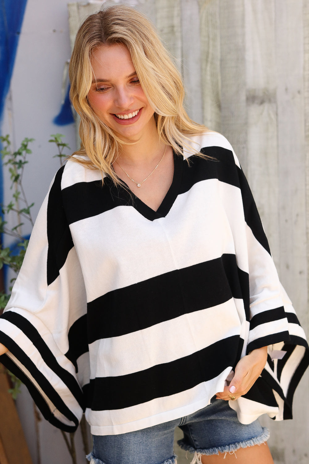 The Traveler Black/White Stripe Dolman Notch Neck Sweater Poncho-Modish Lily, Tecumseh Michigan