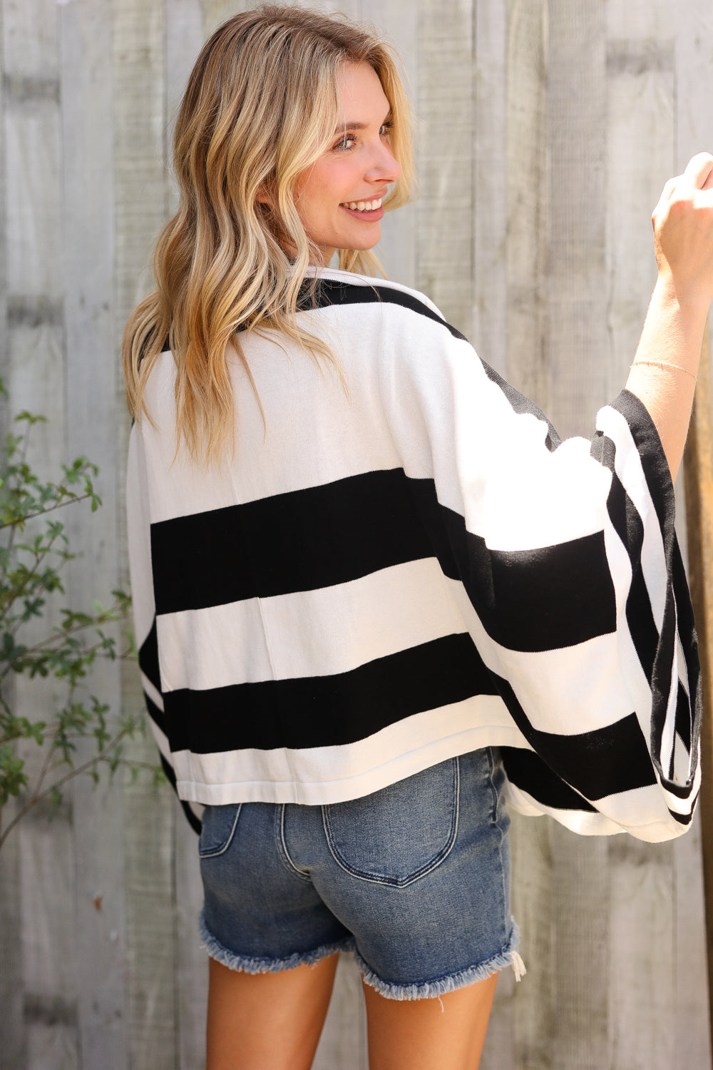 The Traveler Black/White Stripe Dolman Notch Neck Sweater Poncho-Modish Lily, Tecumseh Michigan