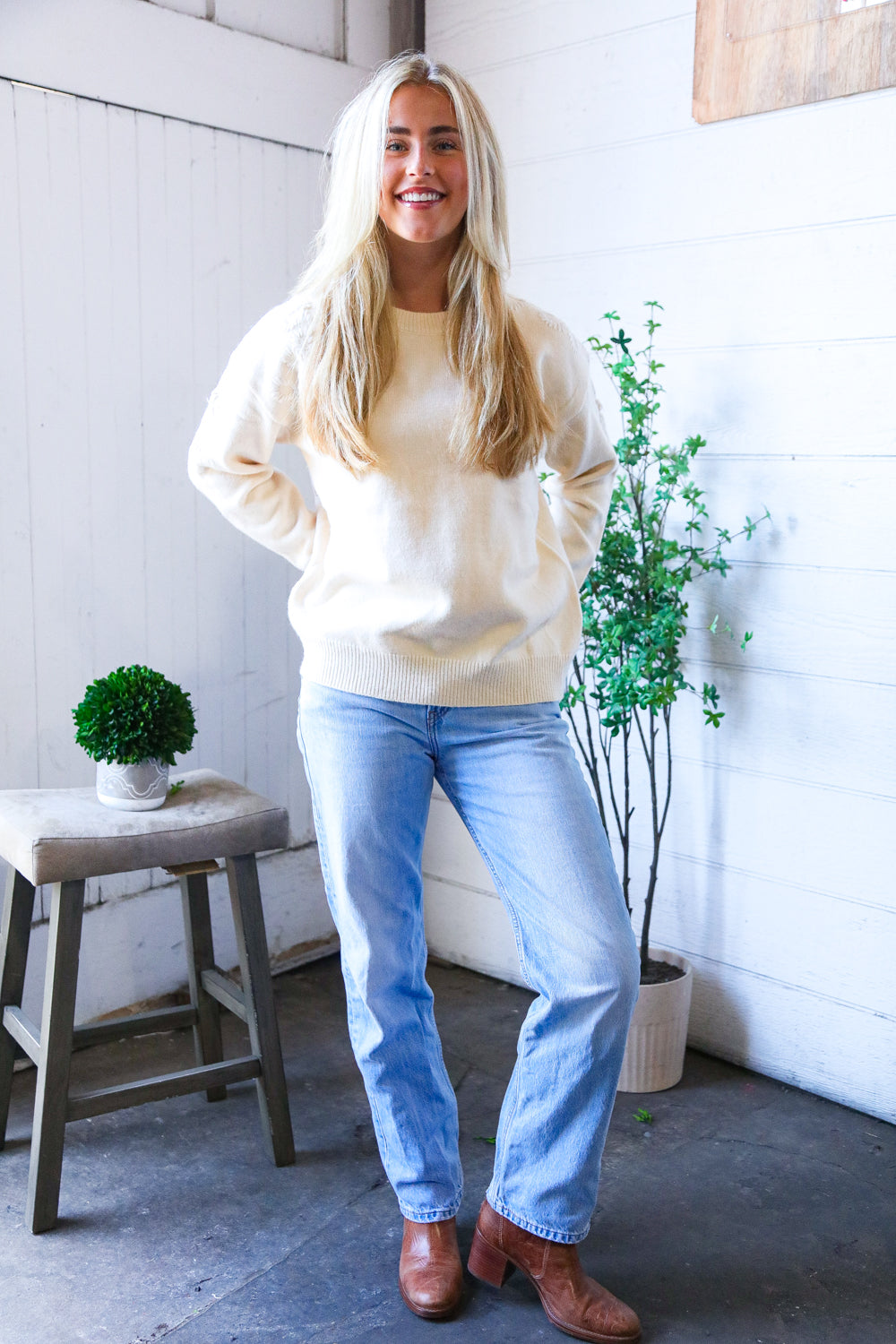 Mellow Musings Taupe Embroidered Sweater-Modish Lily, Tecumseh Michigan