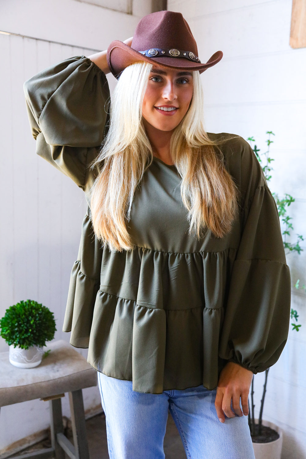Take Me Home Olive Babydoll Oversized Blouse-Modish Lily, Tecumseh Michigan