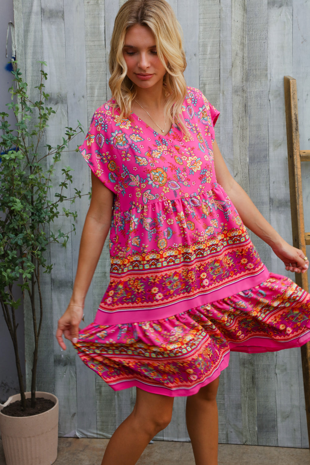Boho Love Fuchsia Floral Print V Neck Dolman Sleeve Dress-Modish Lily, Tecumseh Michigan