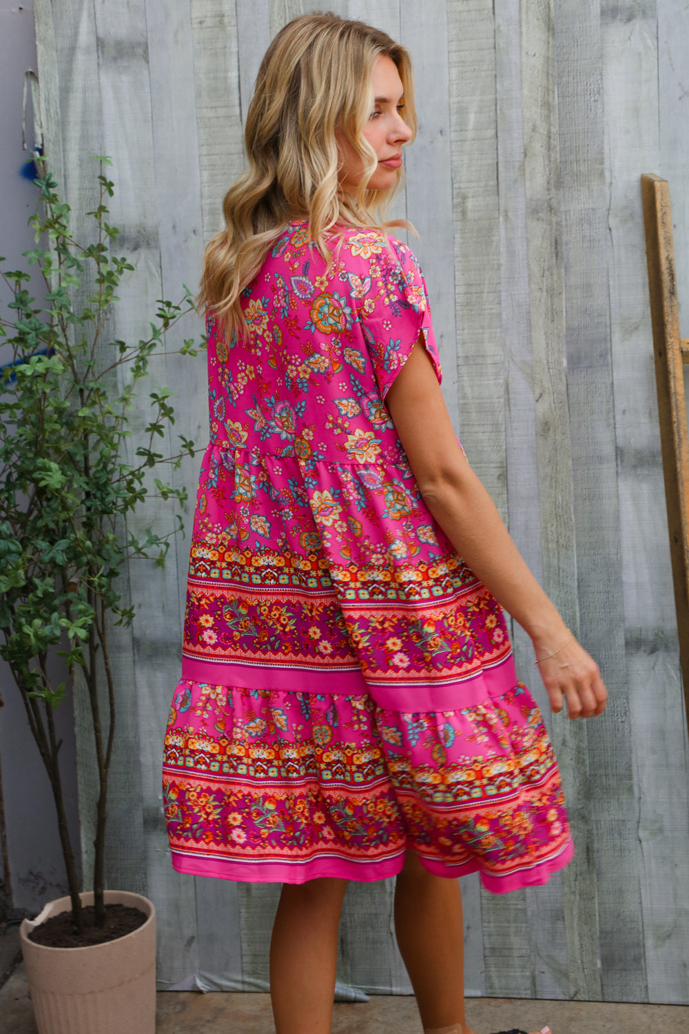 Boho Love Fuchsia Floral Print V Neck Dolman Sleeve Dress-Modish Lily, Tecumseh Michigan