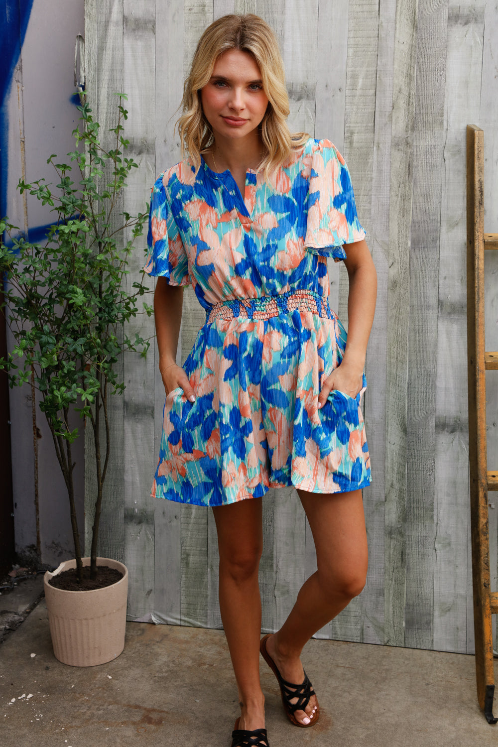 Feeling Bold Turquoise Floral Smocked Waist Flutter Sleeve Romper-Modish Lily, Tecumseh Michigan