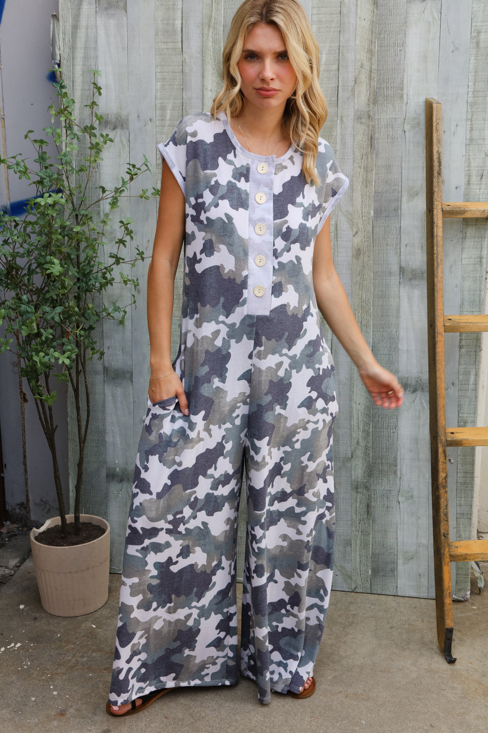 Spread Joy Loose Fit Camouflage French Terry Jumpsuit with Side Pockets-Modish Lily, Tecumseh Michigan