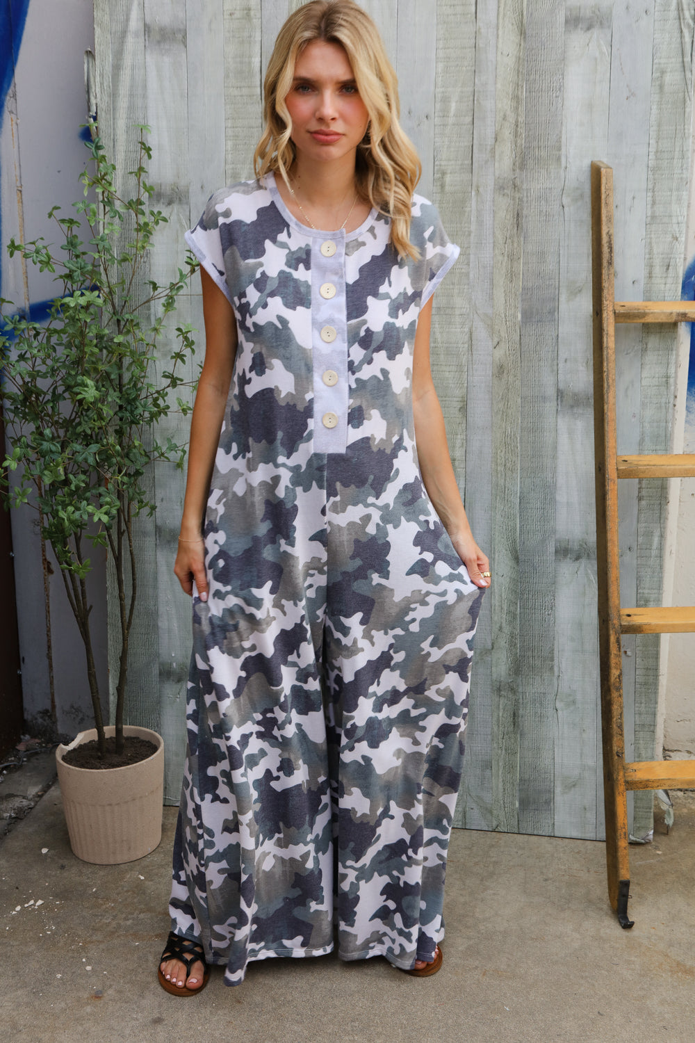 Spread Joy Loose Fit Camouflage French Terry Jumpsuit with Side Pockets-Modish Lily, Tecumseh Michigan