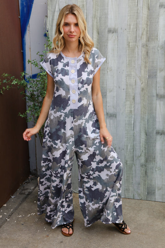 Spread Joy Loose Fit Camouflage French Terry Jumpsuit with Side Pockets-Modish Lily, Tecumseh Michigan