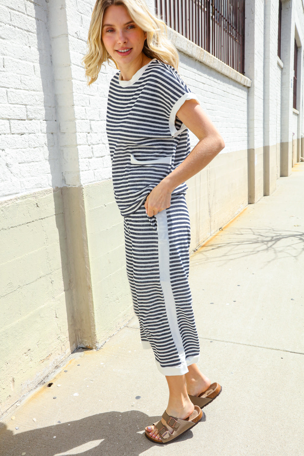 Casual Chic French Terry Black & White Stripe Track Pants-Modish Lily, Tecumseh Michigan