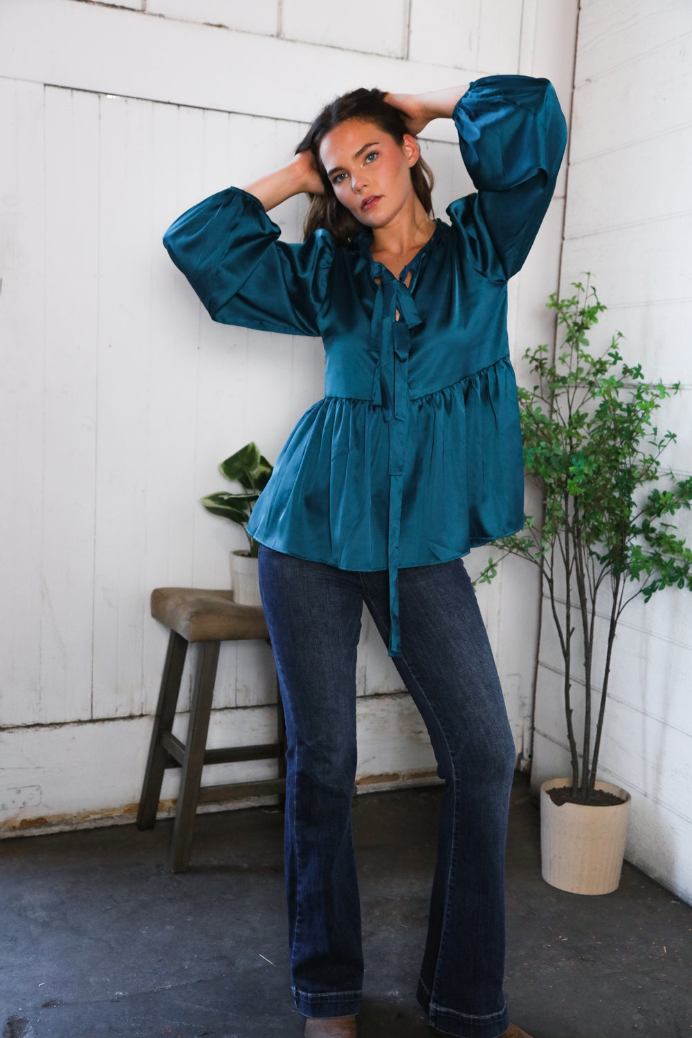 Tied Up in Style Teal Ribbon Blouse-Modish Lily, Tecumseh Michigan