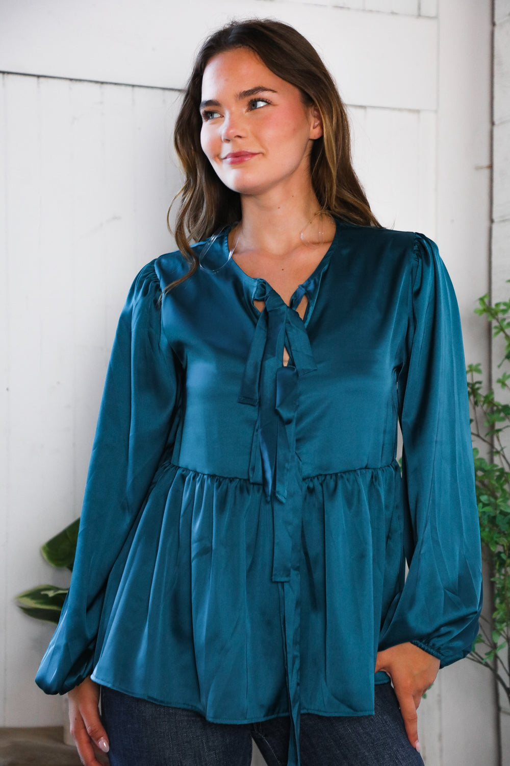 Tied Up in Style Teal Ribbon Blouse-Modish Lily, Tecumseh Michigan