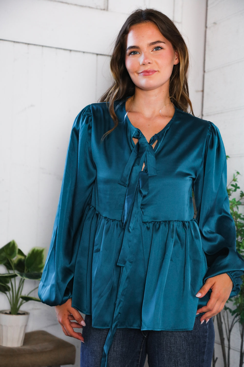 Tied Up in Style Teal Ribbon Blouse-Modish Lily, Tecumseh Michigan