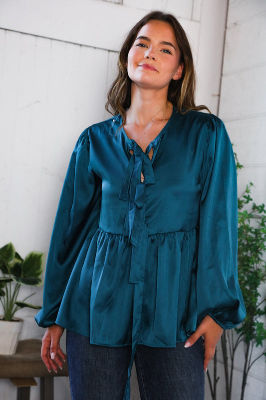 Tied Up in Style Teal Ribbon Blouse-Modish Lily, Tecumseh Michigan