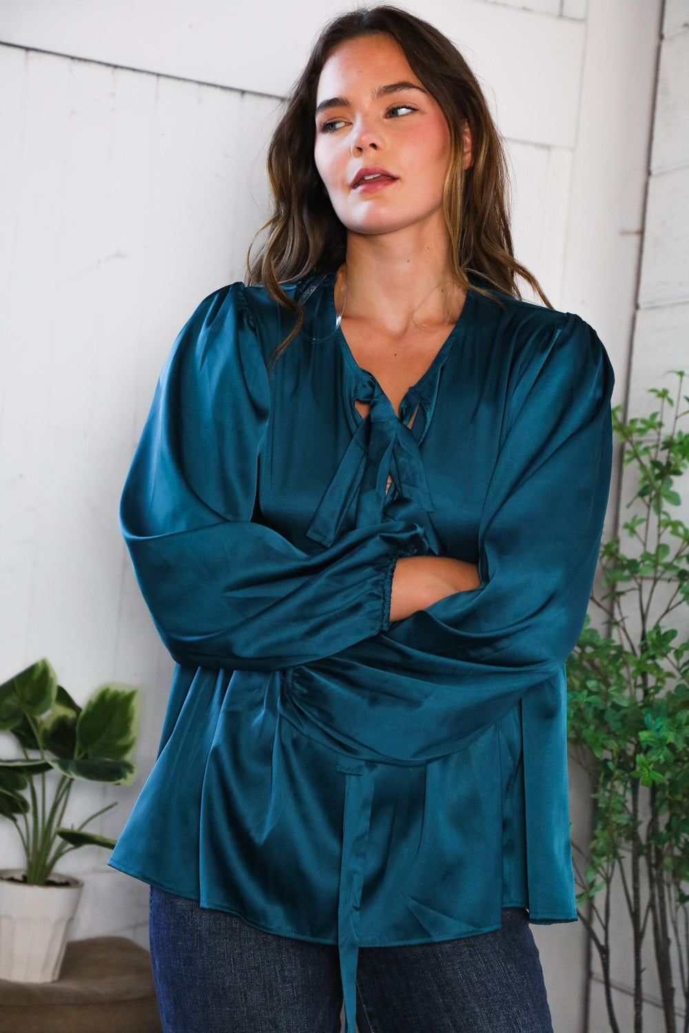 Tied Up in Style Teal Ribbon Blouse-Modish Lily, Tecumseh Michigan