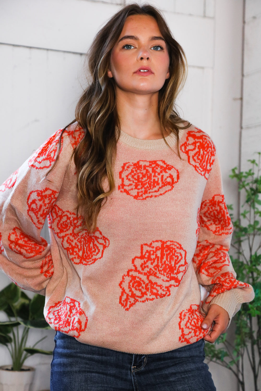 One Wild Rose Coral Cozy Sweater-Modish Lily, Tecumseh Michigan