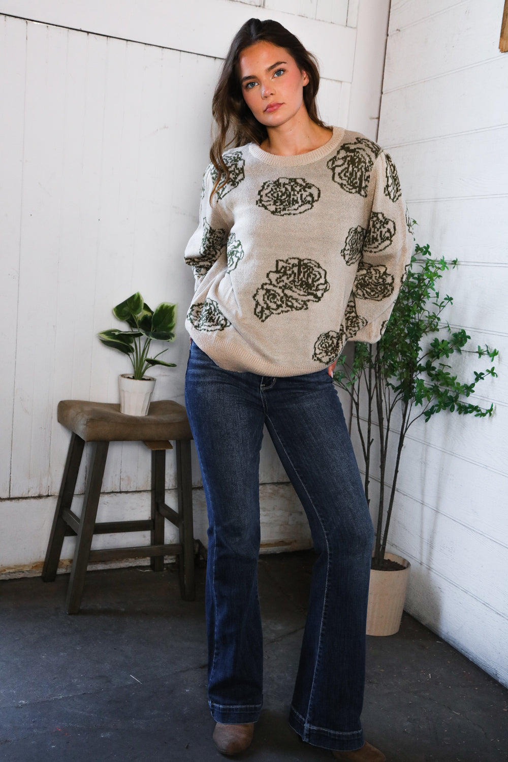 One Wild Rose Olive Cozy Sweater-Modish Lily, Tecumseh Michigan