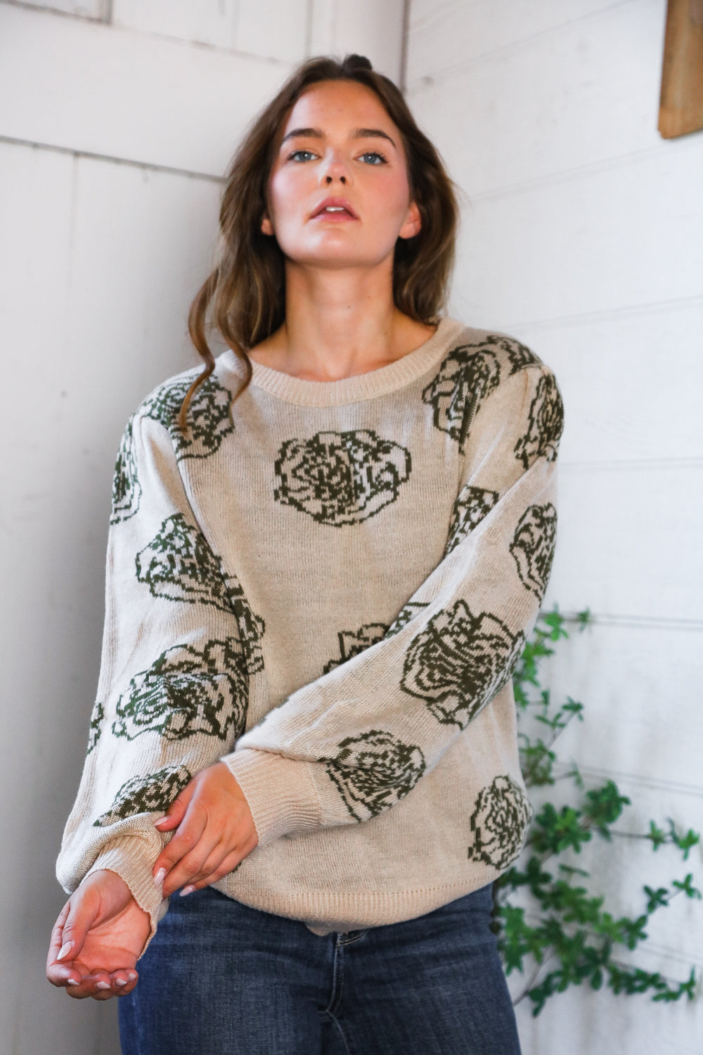 One Wild Rose Olive Cozy Sweater-Modish Lily, Tecumseh Michigan