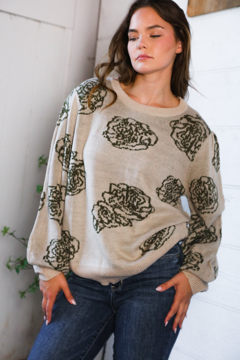 One Wild Rose Olive Cozy Sweater-Modish Lily, Tecumseh Michigan
