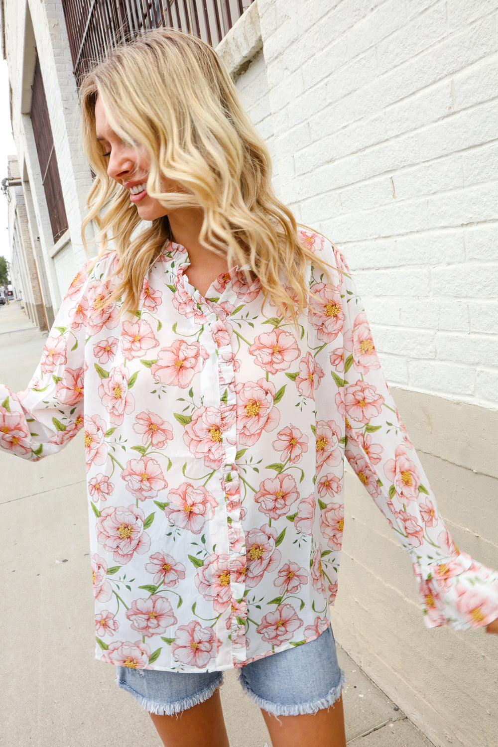 The Feminine Touch Chiffon Button-Down Floral Ruffle Sleeve Blouse-Modish Lily, Tecumseh Michigan