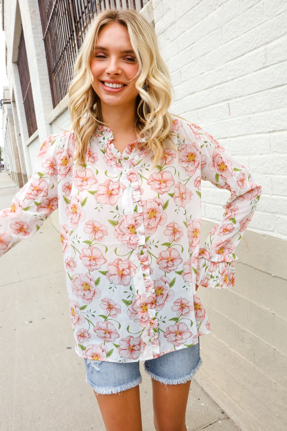 The Feminine Touch Chiffon Button-Down Floral Ruffle Sleeve Blouse-Modish Lily, Tecumseh Michigan