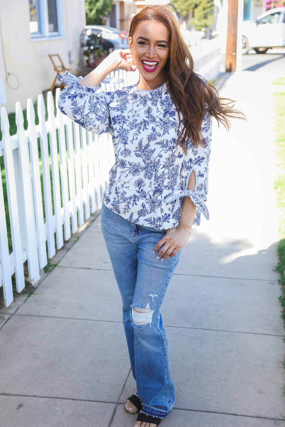 Vintage Chic Navy & Ivory Three-Quarter Bow Sleeve Contrast Stripe Blouse-Modish Lily, Tecumseh Michigan