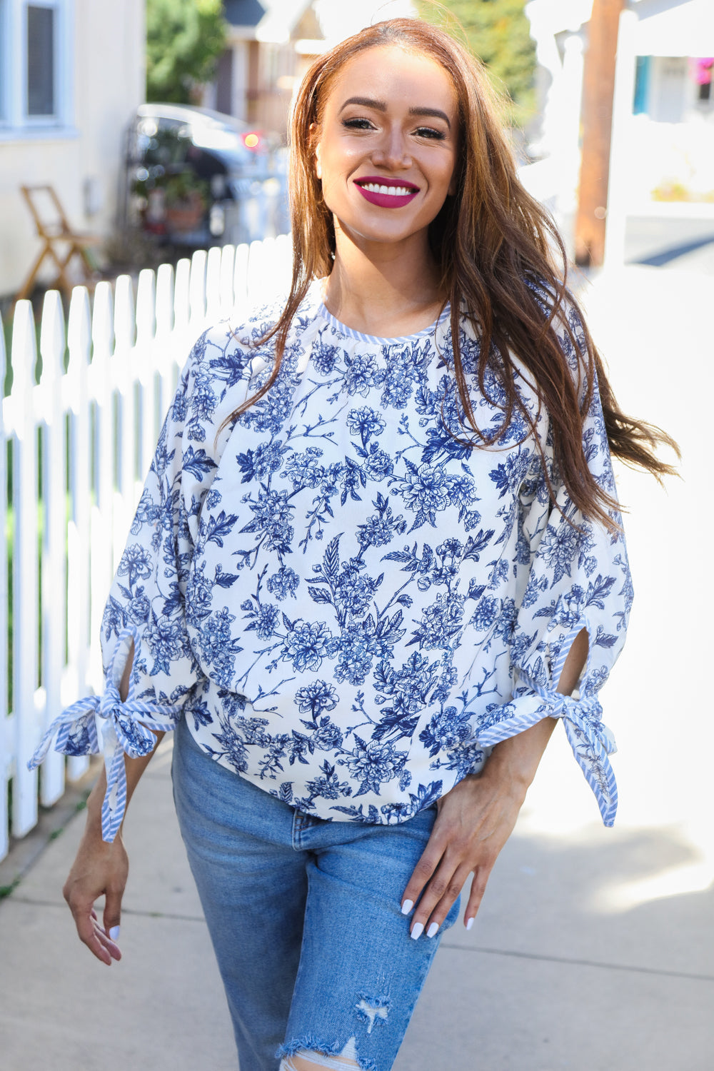 Vintage Chic Navy & Ivory Three-Quarter Bow Sleeve Contrast Stripe Blouse-Modish Lily, Tecumseh Michigan