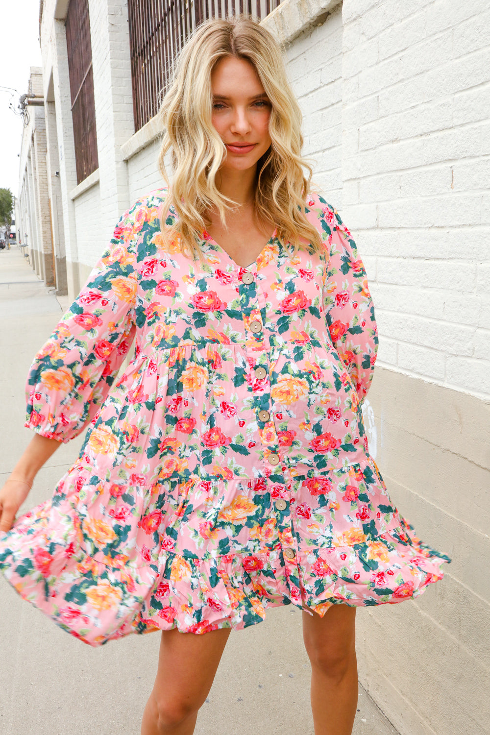 Boho Vibes Cotton Floral Button Down 3/4 Sleeve Tiered Dress-Modish Lily, Tecumseh Michigan