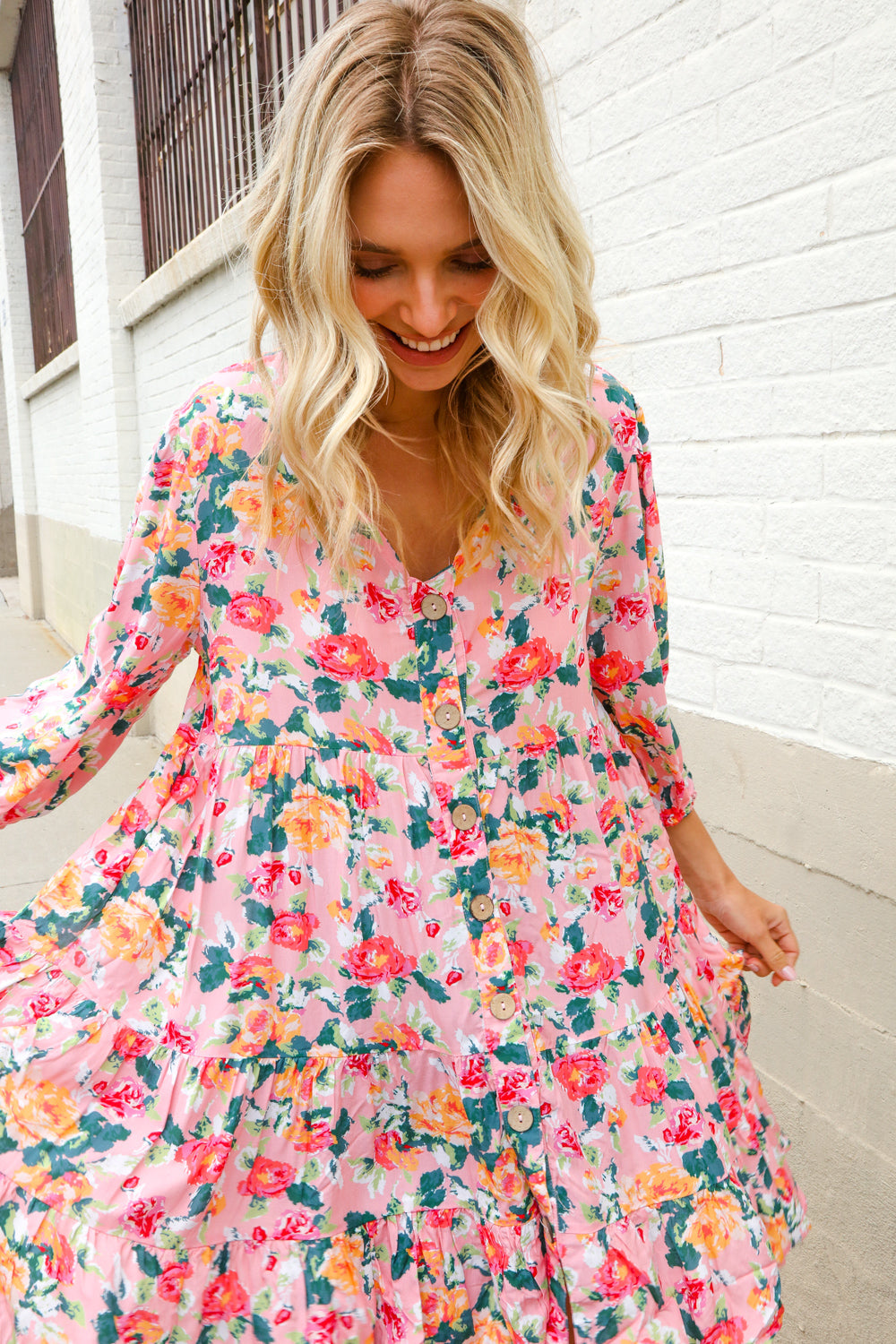 Boho Vibes Cotton Floral Button Down 3/4 Sleeve Tiered Dress-Modish Lily, Tecumseh Michigan